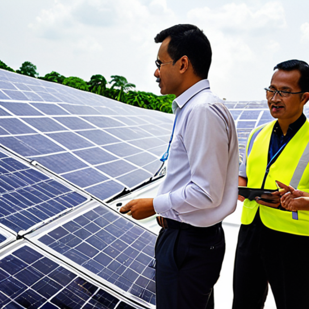 ** A diverse group of people working together at a renewable energy conference in Kuala Lumpur, Malaysia. Focus on solar panel engineers and project managers discussing a new solar energy project. The background should feature a modern convention center with solar panels on the roof.

**