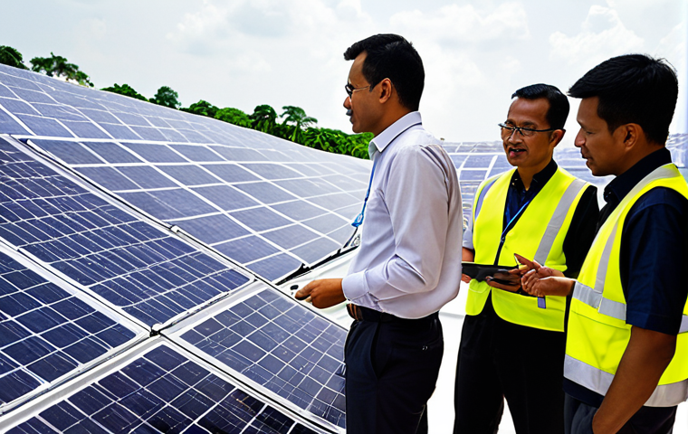 ** A diverse group of people working together at a renewable energy conference in Kuala Lumpur, Malaysia. Focus on solar panel engineers and project managers discussing a new solar energy project. The background should feature a modern convention center with solar panels on the roof.
**