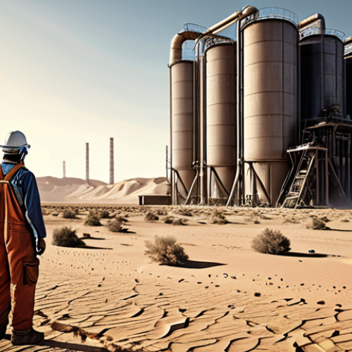 **Prompt:** "A towering, futuristic CCS (Carbon Capture and Storage) plant shown in a desert landscape. Cracks are appearing in the structure, and sand is seeping through, symbolizing technological failure and wasted investment. A lone worker in overalls looks on in despair. Dramatic lighting, concept art."