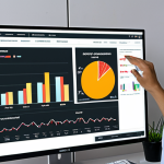 **Image:** A business executive analyzing charts and graphs related to energy consumption and carbon emissions on a computer screen, with a focus on identifying areas for improvement. The setting should be a modern office in Kuala Lumpur.