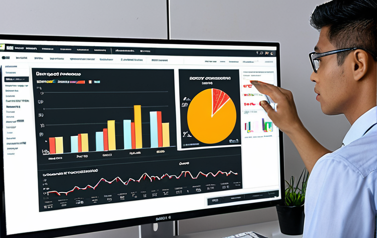 **Image:** A business executive analyzing charts and graphs related to energy consumption and carbon emissions on a computer screen, with a focus on identifying areas for improvement. The setting should be a modern office in Kuala Lumpur.